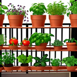 **A vibrant, small-space edible garden on a balcony.** The image should showcase a variety of compact plants like herbs (basil, parsley), lettuce, cherry tomatoes, and strawberries growing in pots, vertical planters, and hanging baskets. Use of shelves and trellises to maximize space is a must. The scene should be sunny and inviting, demonstrating how even a small urban space can be a productive garden.