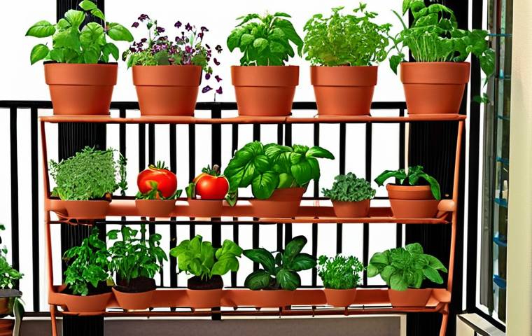 **A vibrant, small-space edible garden on a balcony.** The image should showcase a variety of compact plants like herbs (basil, parsley), lettuce, cherry tomatoes, and strawberries growing in pots, vertical planters, and hanging baskets. Use of shelves and trellises to maximize space is a must. The scene should be sunny and inviting, demonstrating how even a small urban space can be a productive garden.