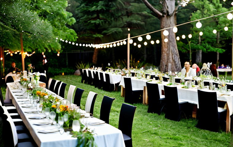 자연 친화적인 이벤트 기획하기 - Sustainable Wedding Reception**
"A beautifully decorated outdoor wedding reception, fully clothed g...
