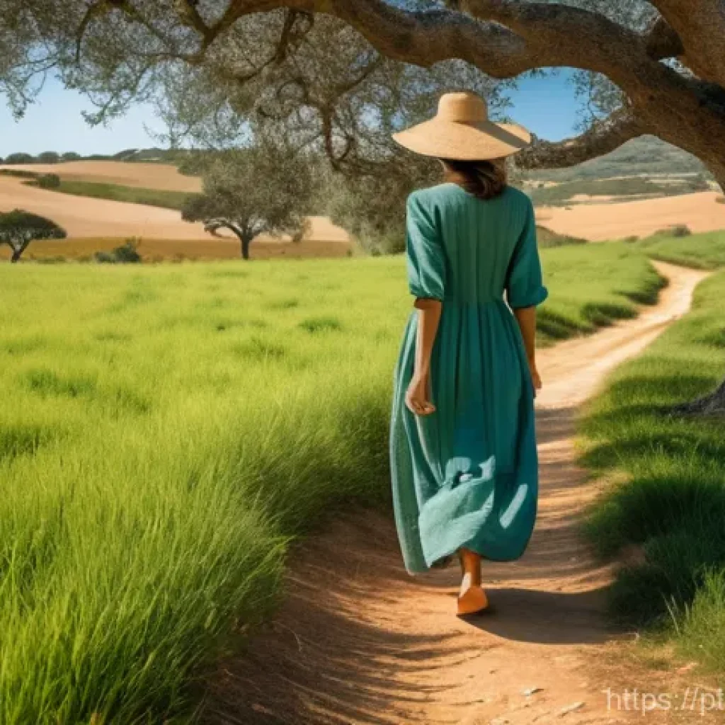 생태 지혜와 지역사회 봉사 - **"A Serene Connection with Nature in Alentejo"**
    A wide shot of an adult woman, wearing a modes...