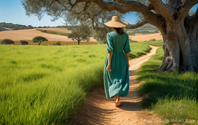 생태 지혜와 지역사회 봉사 - **"A Serene Connection with Nature in Alentejo"**
    A wide shot of an adult woman, wearing a modes...