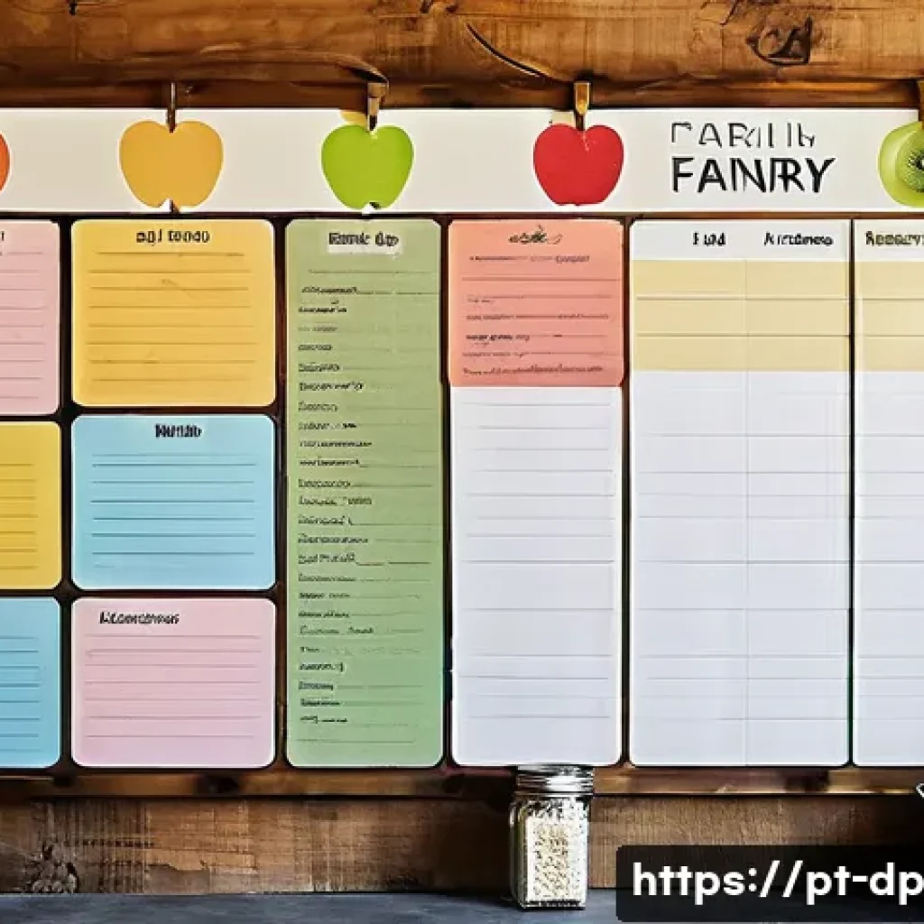 생태 지혜와 음식물 쓰레기 줄이기 - A cozy kitchen scene showcasing a weekly meal planning board mounted on a rustic wooden wall, with c...