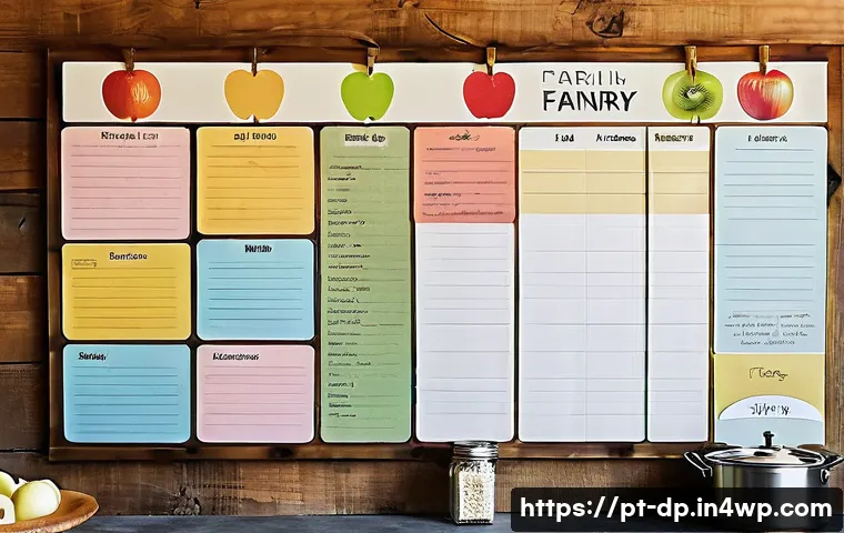 생태 지혜와 음식물 쓰레기 줄이기 - A cozy kitchen scene showcasing a weekly meal planning board mounted on a rustic wooden wall, with c...