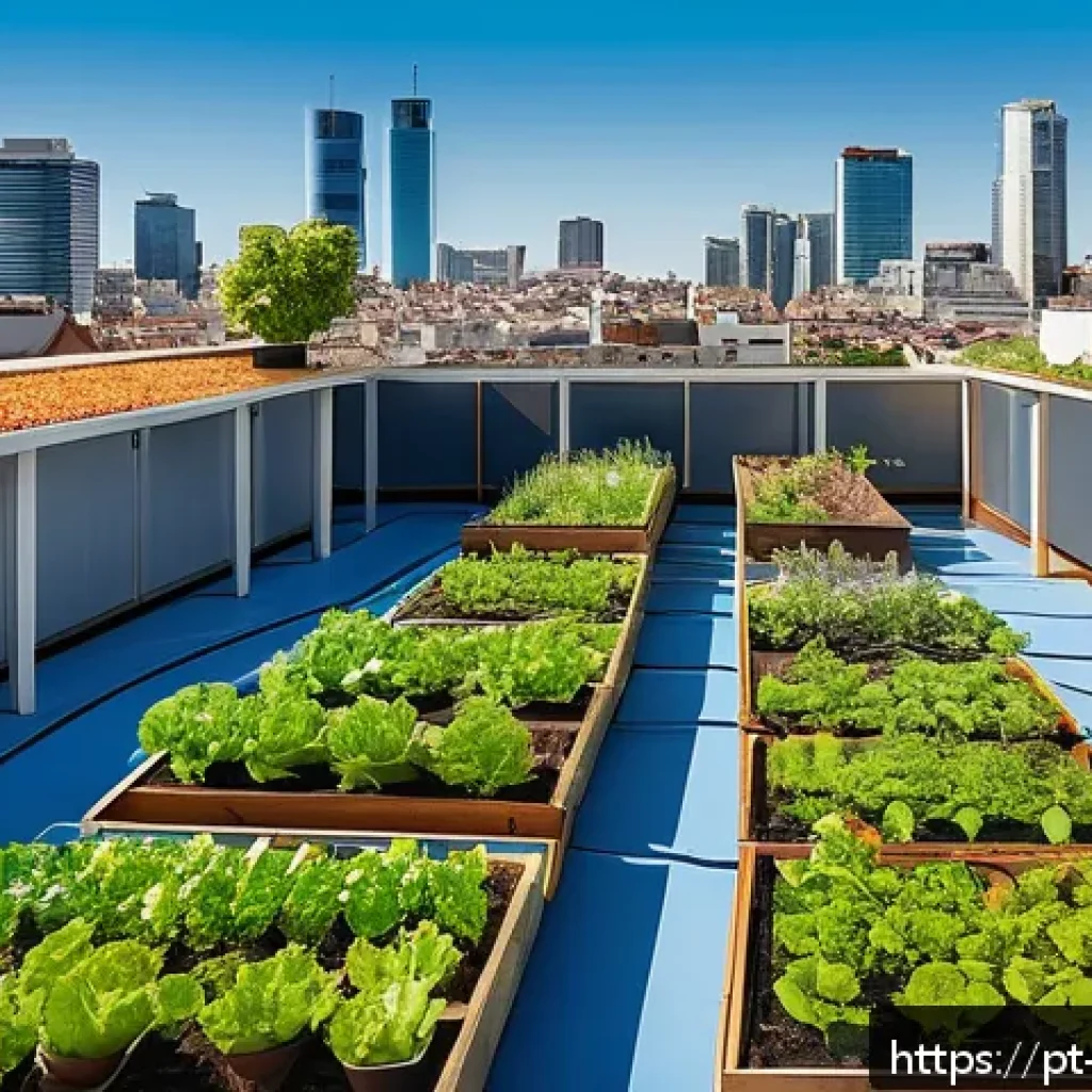 생태 지혜를 활용한 아이디어 공모 - A vibrant urban rooftop garden showcasing regenerative agriculture techniques: lush green plants gro...