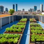 Home 19 생태 지혜를 활용한 아이디어 공모 - A vibrant urban rooftop garden showcasing regenerative agriculture techniques: lush green plants gro...