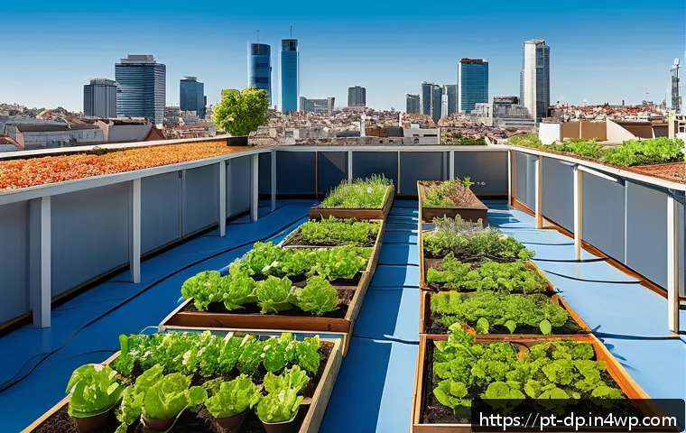 생태 지혜를 활용한 아이디어 공모 - A vibrant urban rooftop garden showcasing regenerative agriculture techniques: lush green plants gro...