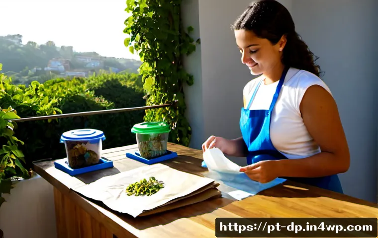 Home 17 생활 속 생태 지혜 실천 챌린지 - Photorealistic lifestyle scene in a sunny Portuguese apartment kitchen, a middle-aged woman and teen...